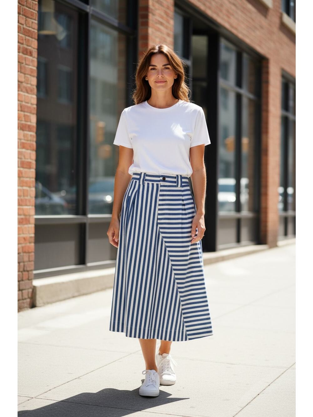 Rachel Antonoff Striped Cotton Midi Skirt Blue White Paneled A-Line Size 2